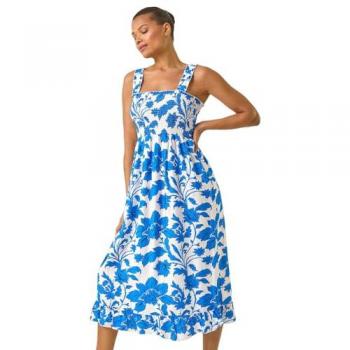 Robe Midi Roman Bleu Floral Froncée