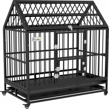 Jaula Portátil de Perro PawHut 123x74x125 cm – Cerraduras, Puertas Frontal y Techo