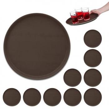 Set de 10 Bandejas Redondas, 35 cm ø, con Borde, Superficie Antideslizante, Marrón