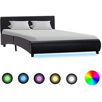 LED Illumination Bed Frame, Black, 140x200 cm (55” x 79”), Faux Leather Finish