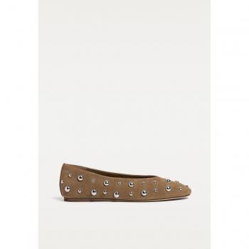Stradivarius Damenflache Ballerinas in Braun, Wildleder mit Nietenbesatz, 40