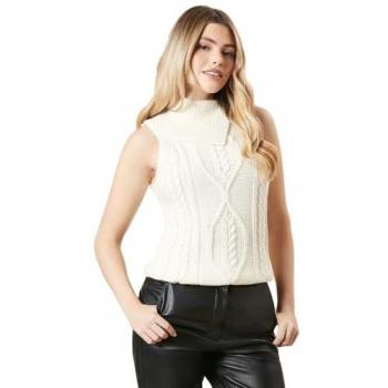 Ivory Women's Cable Knit Split Neck Vest