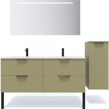 Homifab Meuble suspendu double vasque 140 cm, 4 tiroirs vert olive, miroir + colonne droite – Soho