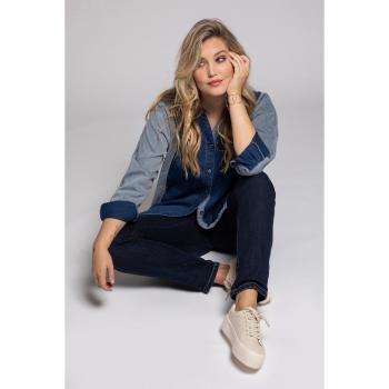 Camicia di denim oversize blu con patchwork maniche lunghe 64/66 donna