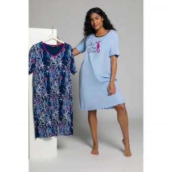 Camicie da notte donna, confezione doppia, cotone blu, scollo a girocollo, mezze maniche, taglia 64/66