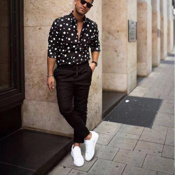 Men's Long Sleeve Lapel Shirt with Polka Dots