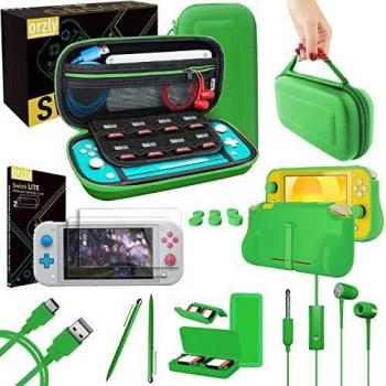Orzly Switch Lite All‑In‑One Accessories Bundle – Case, Stand, Screen Protector, USB Cable, Game Holder, Comfort Grip, Headphones, Thumb‑Grip Pack (Green)