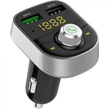 Kit per auto con trasmettitore FM Bluetooth, caricatore da auto Quick Charge 3.0, adattatore vivavoce e porta USB per iPhone, Huawei, MP3 e MP4