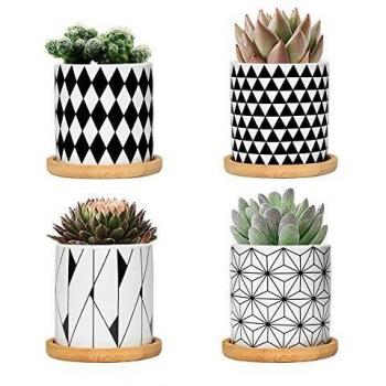 FairyLavie Decorative Ceramic Pots for Succulents, 4-Piece Set with Bamboo Tray