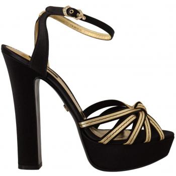 Dolce & Gabbana Black Gold Viscose Ankle Strap Heels Sandals
