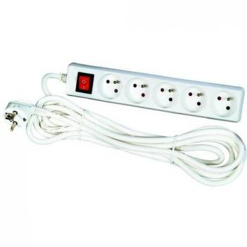 Prise multiple 5 broches 2P + T avec interrupteur et cordon de 1,5 mètre (blanc)