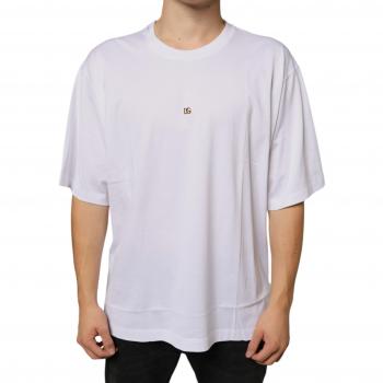 Dolce & Gabbana Men's White Cotton T-Shirt with Metal Logo