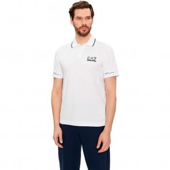 EA7 Men's White Polo Shirt with Navy Blue Trim, Size L