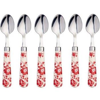 Red Flower-Patterned Stainless Steel Teaspoons