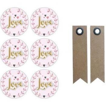 Autocollants 3D Love Ø 4 cm avec 20 étiquettes fanion en kraft
