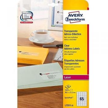 Avery 7551‑25 Transparent Laser Label Roll – 25 Sheets per Pack (A4)