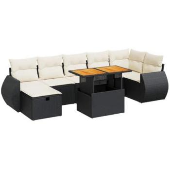 5-Piece Garden Sofa Set with Cushions in Black Poly Rattan and Acacia