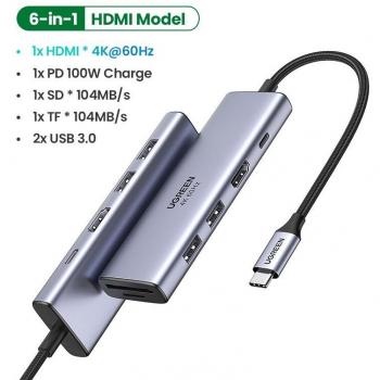 Conector UGREEN USB-C a HDMI 2.0, RJ45 y USB 3.0 100W PD