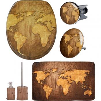 Sanilo 6‑teiliges Badaccessoire-Set „World Map“ – inklusive WC-Bürste, Waschbecken‑ & Badewannenstöpsel sowie eleganter Teppich