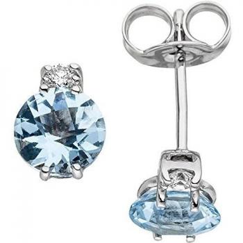 JOBO 48626 Ohrstecker 585 Weißgold – 2 Diamanten, 2 Aquamarine (Blau)