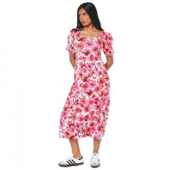 Petite Floral Sweetheart Neck Midi Dress in Pink