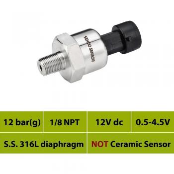 12 Bar Pressure Sensor, 0.5-4.5V Output, Stainless Steel 316L, Oil-Filled, 1/8NPT, for Water and Air, 12V DC