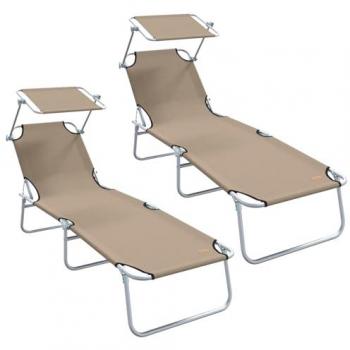 Compact Foldable Sun Loungers (2 pcs) – Taupe 600D Oxford + Canopy