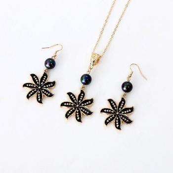 Polynesian Glass Bead Pearl Plumeria Flower Necklace and Earrings