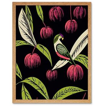 Colorful Forest Parrot & Fruits – Linocut Print in Modern Vintage Design