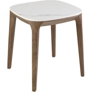 Table d'angle carrée en marbre porcelaine et noyer 50x51x50cm