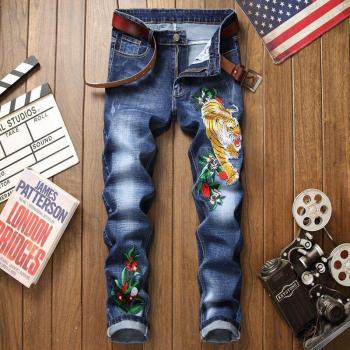 Men's Blue Cotton Distressed Jeans with 3D Floral Details