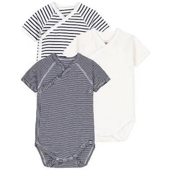 Petit Bateau Baby‑Wickelbodys 3‑Pack – Kurzarm, Uni Ringel, Blau, Größe 50 cm