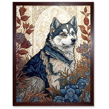 Husky Harvest Blooms – Framed Brown Art Nouveau Canvas, 12x16