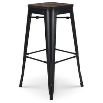 Tabouret de bar en métal noir et assise en bois foncé