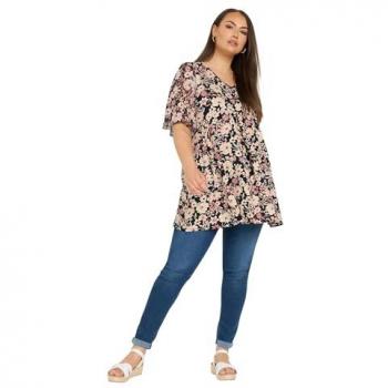Black Pleated Floral Mesh Sleeve Top for Women