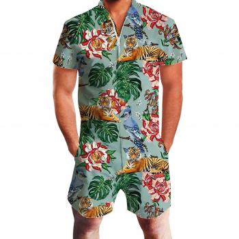 Kurzärmeliges Hawaiianisches Tiger‑Design Jumpsuit – Adicreat Herrenmode