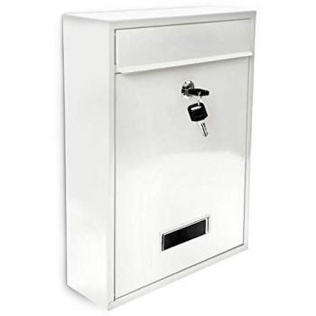 White Mailbox with Hinged Lid, Name Plate, and 2 Keys, Metal, 26.5 x 35 x 8.5 cm