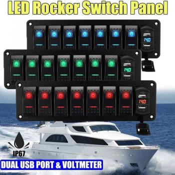 Marine Boat Rocker Switch Panel 8 Gang with USB Charging and Circuit Breaker for 12V/24V