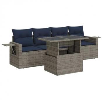 Acacia Rattan Outdoor Sofa Set, 5 Pieces with Cushions (Grey)