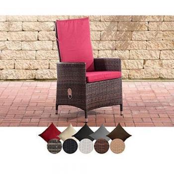 Polyrattan-Gartensessel CLP Sevilla I – Flachrattan-Stuhl mit einstellbarer Rückenlehne und polstertem Sitz (braun-meliert / Rubinrot)