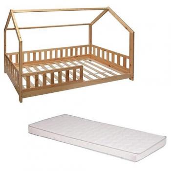 Lit Cabane Enfant BOSCO 90x190 cm – Bois – Sommier à lattes et matelas inclus – Style enfant – Atmosphera For Kids (version bois clair)