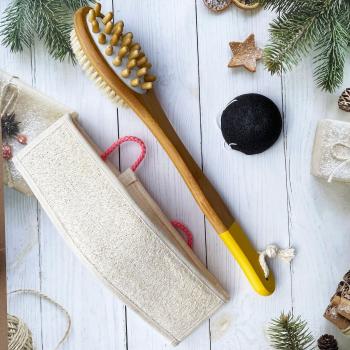 Kit Bain Zen Bambou – Brosse 2‑en‑1 + Serviette Loofah – Couleur Jaune