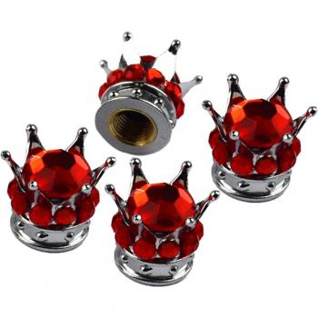 4x Red Bling Diamond Tire Valve Caps with Silver Crown