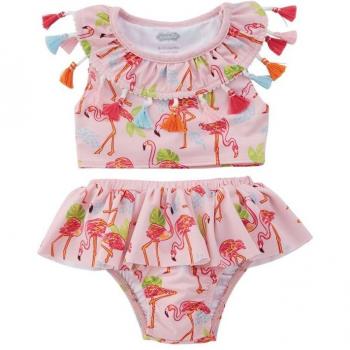 Conjunto de bikini de flamenco para niños, camiseta con borlas y pantalones cortos, bañador de verano 0-5T, 2 uds