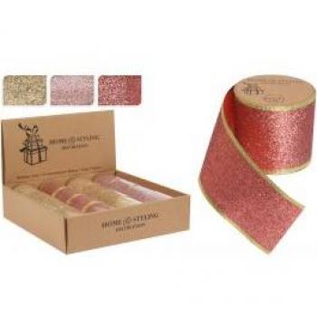 Set di 3 Nastri Glitter Rosa/Oro/Rosso 6x270cm per Decorazioni Natalizie