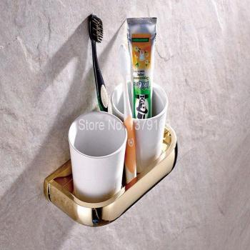 Wall-Mounted Luxury Gold Brass Toothbrush Holder and Double Cup Set aba846