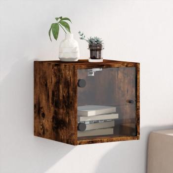 Table de chevet en bois chêne fumé avec porte en verre 35x37x35 cm