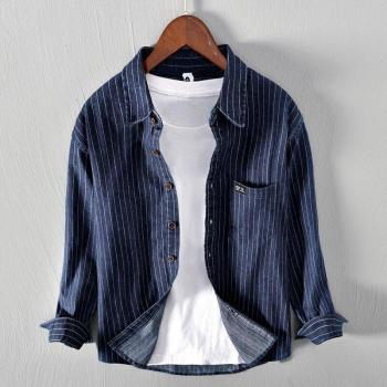 Camisa Suave y Fina a Rayas, para Hombre, Estilo Vintage de Otoño, Cuello Cuadrado, Bolsillos, Manga Larga