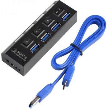 Hub USB 3.0/2.0 de 4 Puertos con Interruptores Individuales y Luz LED, Velocidad de Transferencia Alta, Compatible con Windows, Mac OS y Linux, Color Negro