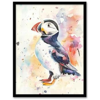 Colorful Puffin Watercolour Art, 12 by 16, Artery8 Frame